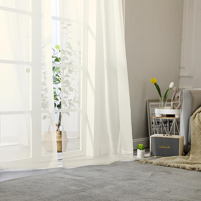 Lecloud Cream Sheer Curtains 96 Inches Long 2 Panels, Elegant Light Filtering - Image 2