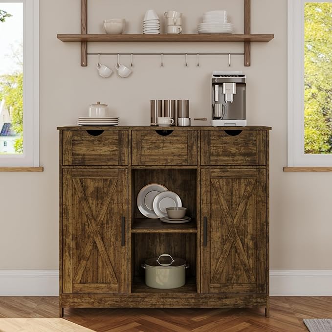 Storage Cabinet, Coffee Bar Cabinet with 2 Adjustable Shelves, 3 Drawers, and 2 Doors, for Bathroom, Kitchen, Living Room (Retro)