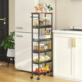 6 Tier Slim Storage Cart with Handle, Rolling Kitchen Laundry Room Storage Cart with Wooden Top, Narrow Metal Bathroom Trolley on Wheels for Small Space, Mobile Shelving Unit, 7.9in(W)