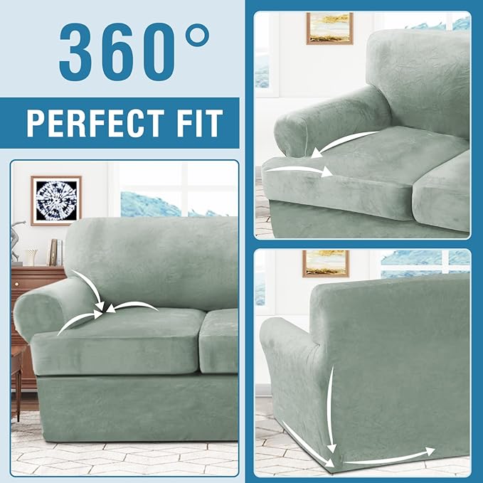 H.VERSAILTEX Sofa Cover 4 Piece T Cushion Sofa Slipcovers Thick Velvet Couch Cover Stretch T Cushion Sofa Covers for 3 Cushion Couch with 3 Individual T Cushion Covers Washable, Sea Grass