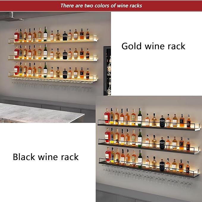 63in Wall-Mounted Metal Wine Rack with LED Lights 3-Tier Floating Bar Shelves with Wine Glass Rack Large Wine Bottle Display Rack Hanging Shelf, for Home Bar Dining Room Decorative (Gold, 160cm/63in)