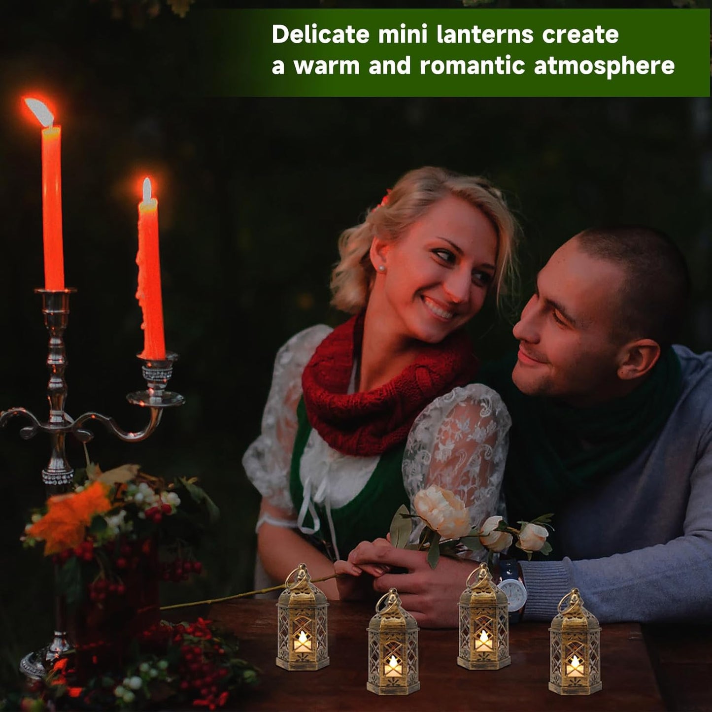 LLQ Mini Lantern with LED Candle, 12PCS Small Lanterns Decorative Indoor, Vintage Moroccan Lights for Halloween Decorations, Hanging Ornaments for Christmas, Table Centerpiece, Boho Wedding Decor