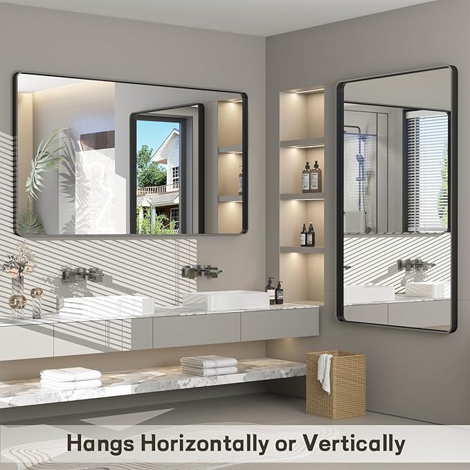 60x36 Inch Black Framed Bathroom Mirror for Wall, Large Matte Black Bathroom Vanity Mirror, Rounded Rectangle Mirror, Anti-Rust, Shatterproof, Hangs Horizontally or Vertically