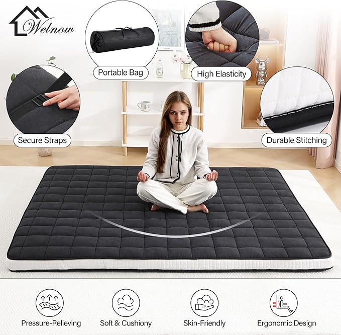 Welnow Japanese Futon Floor Mattress, Full Size Thick Tatami Mat Portable & Foldable Roll Up Floor Bed Mattress with Storage Bag, Sleeping Pad for Adults, Dorm, Guest Bed, Camping and Travel, Black