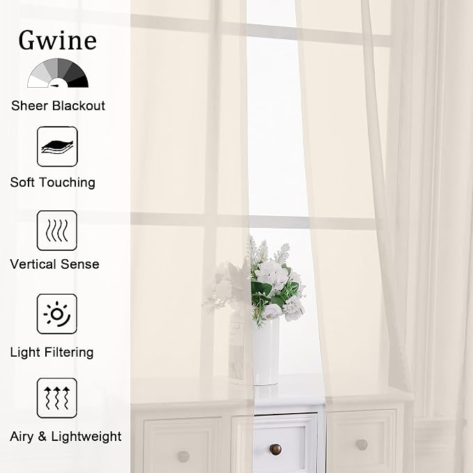 Gwine Cream Sheer Curtains for Bedroom 54 inches Long 2 Panels, Light Filtering - Image 2