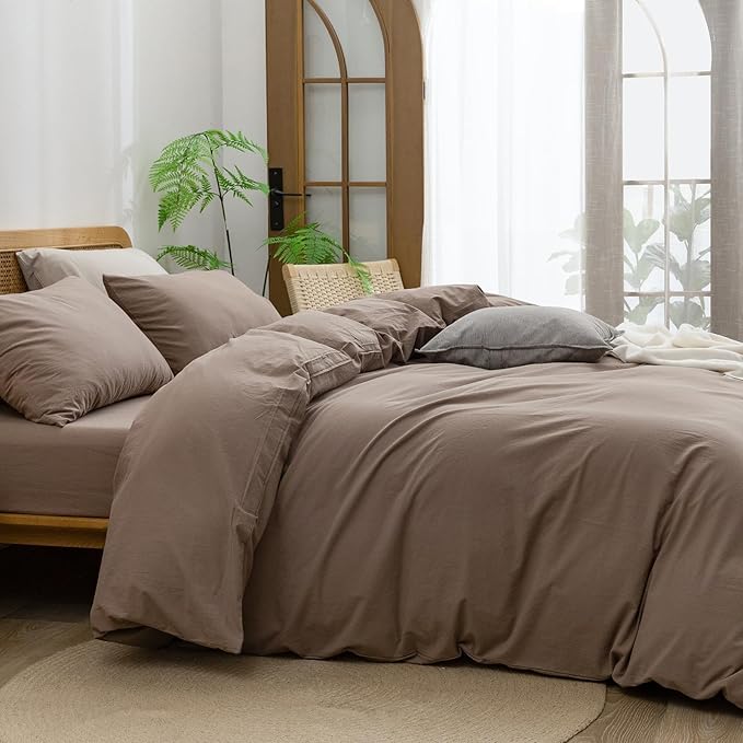 BESTOUCH Duvet Cover Set 100% Washed Cotton Linen Feel Super Soft Comfortable Chic Lightweight 3 PCs Home Bedding Set Solid Pine Bark Brown Oversized Full