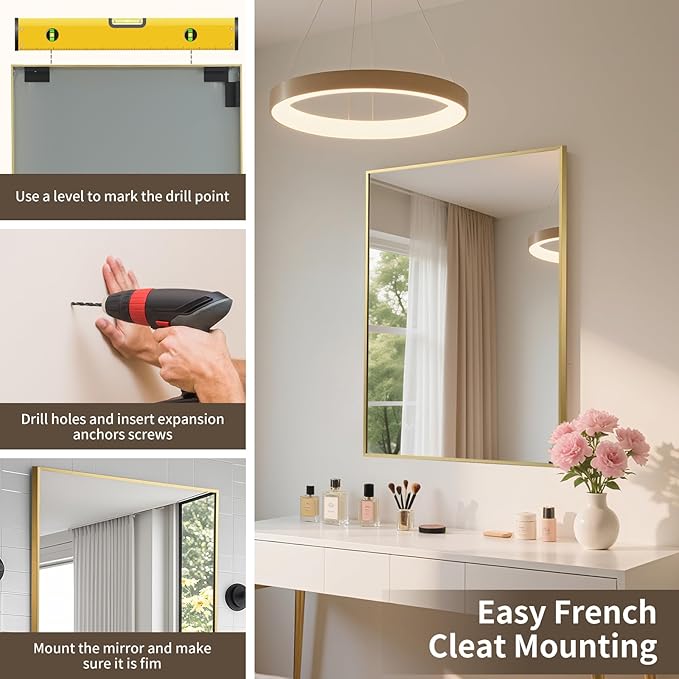 Brushed Gold Mirror, 22x30 Inch Aluminum Framed Rectangle Mirror, Anti-Rust, Tempered Glass, Square Corner Wall Mirror for Over Sink, Vanity, Bedroom, Entryway, Horizontal/Vertical