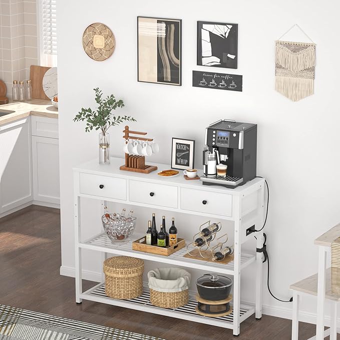 Ecoprsio 47'' Entryway Table with Outlets and USB Ports, Console Table with 3 Drawers, Sofa Table Narrow Long with Storage Shelves for Living Room, Couch, Hallway, Foyer, Kitchen Counter, White