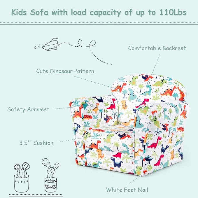 Costzon Kids Couch, Children's Sofa Armrest Chair with Pattern, Toddler Furniture w/Sturdy Wood Construction, Preschool, Lightweight Children Couch Sofa Chair for Aged 1-5 Boys & Girls Gifts, Dinosaur