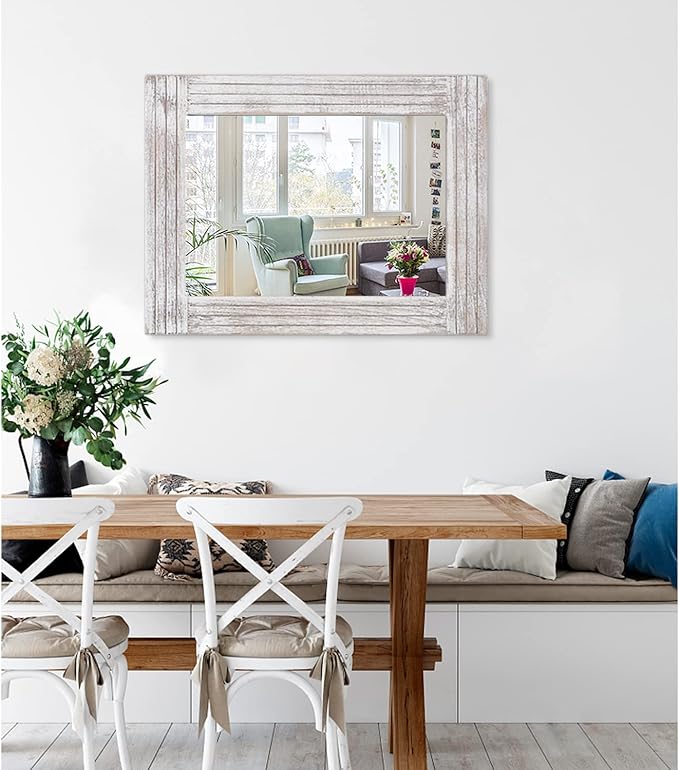 Wall Mirror Rustic Wooden Frame Rectangle Mirror Vintage Hanging Mirror for Bedroom Bathroom Living Room Farmhouse Wall Decor Large 26" x 18"