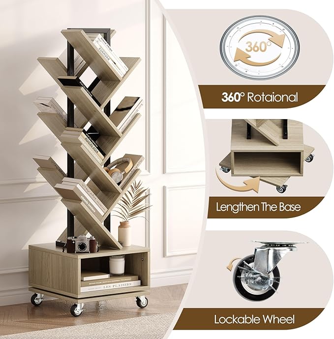 Double Sided Rotating Tree Bookshelf - 7-Tier Retro Floor Standing Bookcase, Wood Storage for Books, CDs, Movies, Perfect for Small Spaces in Bedroom, Living Room, Home Office, Grey