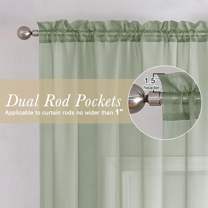 Lecloud Sage Green Sheer Curtains 84 Inches Long 2 Panels Set, Solid Voile - Image 2
