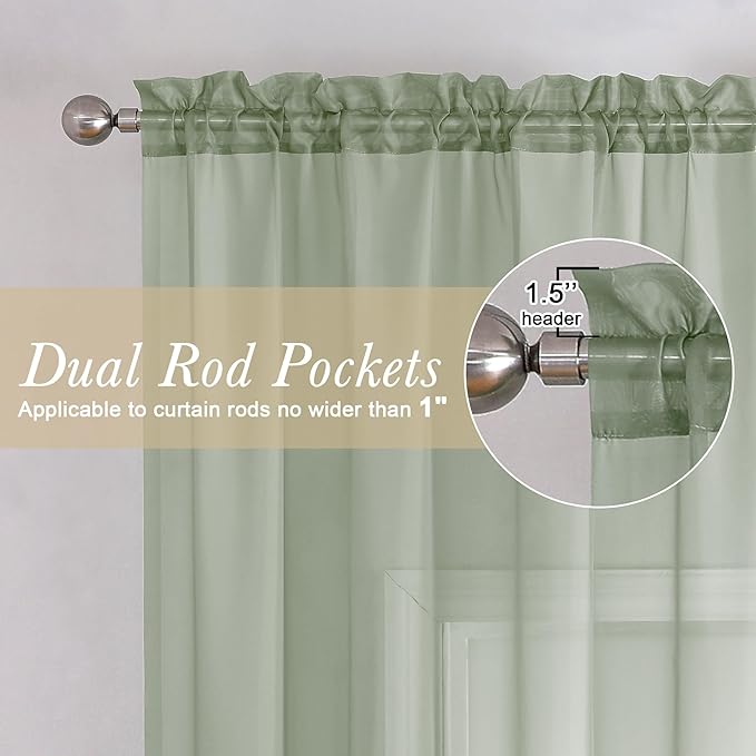 Lecloud Sage Green Sheer Curtains 18 Inch Length 2 Pcs, Cafe Kitchen Curtains - Image 2