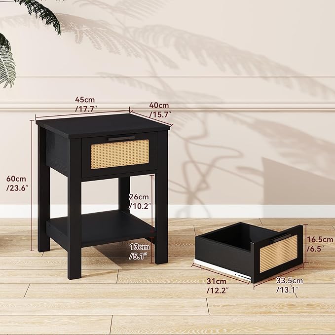 IBUYKE Rattan Nightstand Set of 2, Boho Night Stand with Drawer, Wood Bedside Tables with Storage Shelf, End Table with Legs for Bedroom, Black UWNS011B-2
