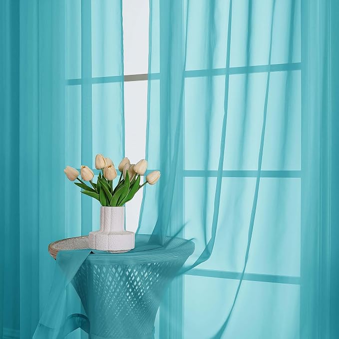 OWENIE Turquoise Sheer Curtain 90 Inches Long 2 Panels Set, Solid Filmy Drapes - Image 6