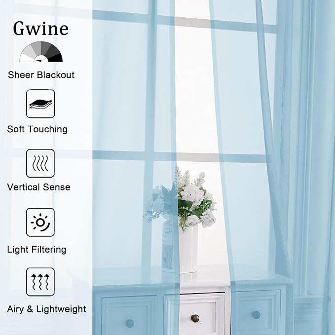 Gwine Sky Blue Sheer Curtains for Bedroom 54 inches Long 2 Panels, Light - Image 2