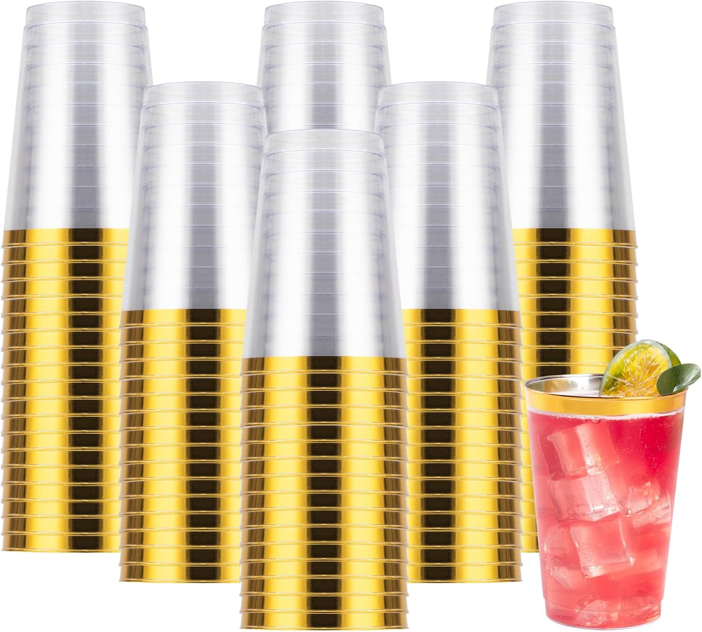 Goodluck 200PCS 12oz Gold Plastic Cups for Party, Disposable Gold Rim Cups, Plastic Cocktail Glasses for Wedding Thanksgiving, Christmas, and Parties