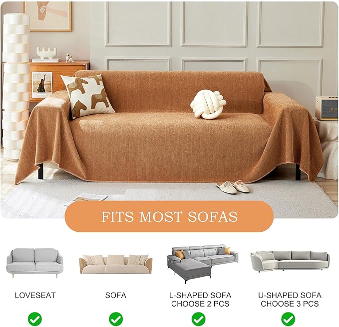STACYPIK Orange Chenille Couch Cover for Dog, Sofa Covers for Sofa, Furniture Protector for 3 Cushion Couch, Lovetseat Cover for L Shaped, Non Slip Pumpkin Sectional Sofa Cover Pet-Friendly-91X134IN