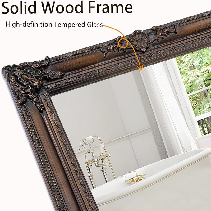 Large Bronze Mirror, 53''x29.5''Vintage Mirrors with Ornate Wooden Frame, Decorative Mirror for Living Room Dining Room Hallway, Horizontal/Vertical