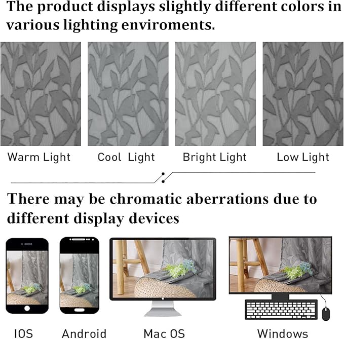 Lecloud Leia Charcoal Grey Sheer Kitchen Curtains 24 Inch 2 Pcs, Jacquard Leaf - Image 7