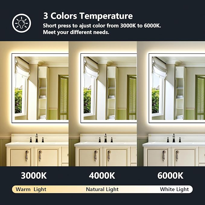 72x36 Inch LED Bathroom Mirror with Lights (Front Lit and Backlit) Black Framed Lighted Vanity Mirror for Bathroom Wall Dimmable Anti-Fog Memory Tempered Glass Horizontal/Vertical