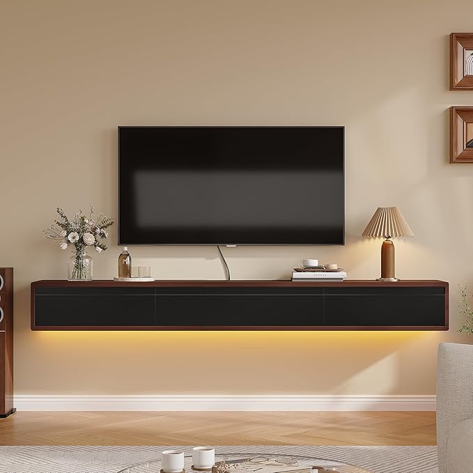 Floating TV Stand Matte Finish, 47'' Wall-Mounted TV Cabinet,Floating TV Console,Under TV Shelf with 3 Doors for Living Room Bedroom(Walnut+Black)