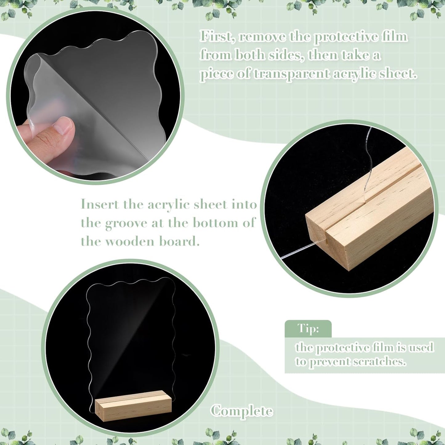 10 Pack 5x7 Inch Scalloped Acrylic Sign Blank Acrylic Sheets with Wood Base Clear Table Numbers for DIY Name Card Gifts Wedding Table Sign Event Party Decoration