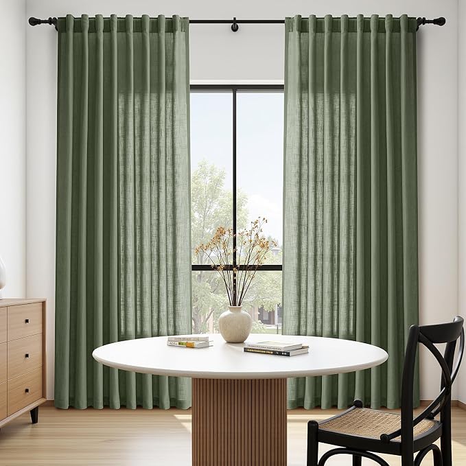 Nanspring Olive Green Linen Sheer Curtains 96 Inches Long 2 Panel Set Back Tab - Image 8