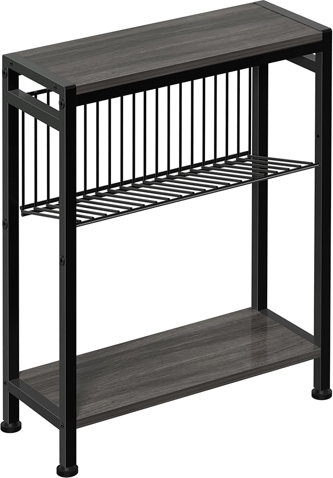 End Table for Small Space, 3-Tier Narrow Side Table with Magazine Holder,Slim Nightstand, Skinny Snack Couch Table in Living Room, Bedroom Study and Balcony (Grey)