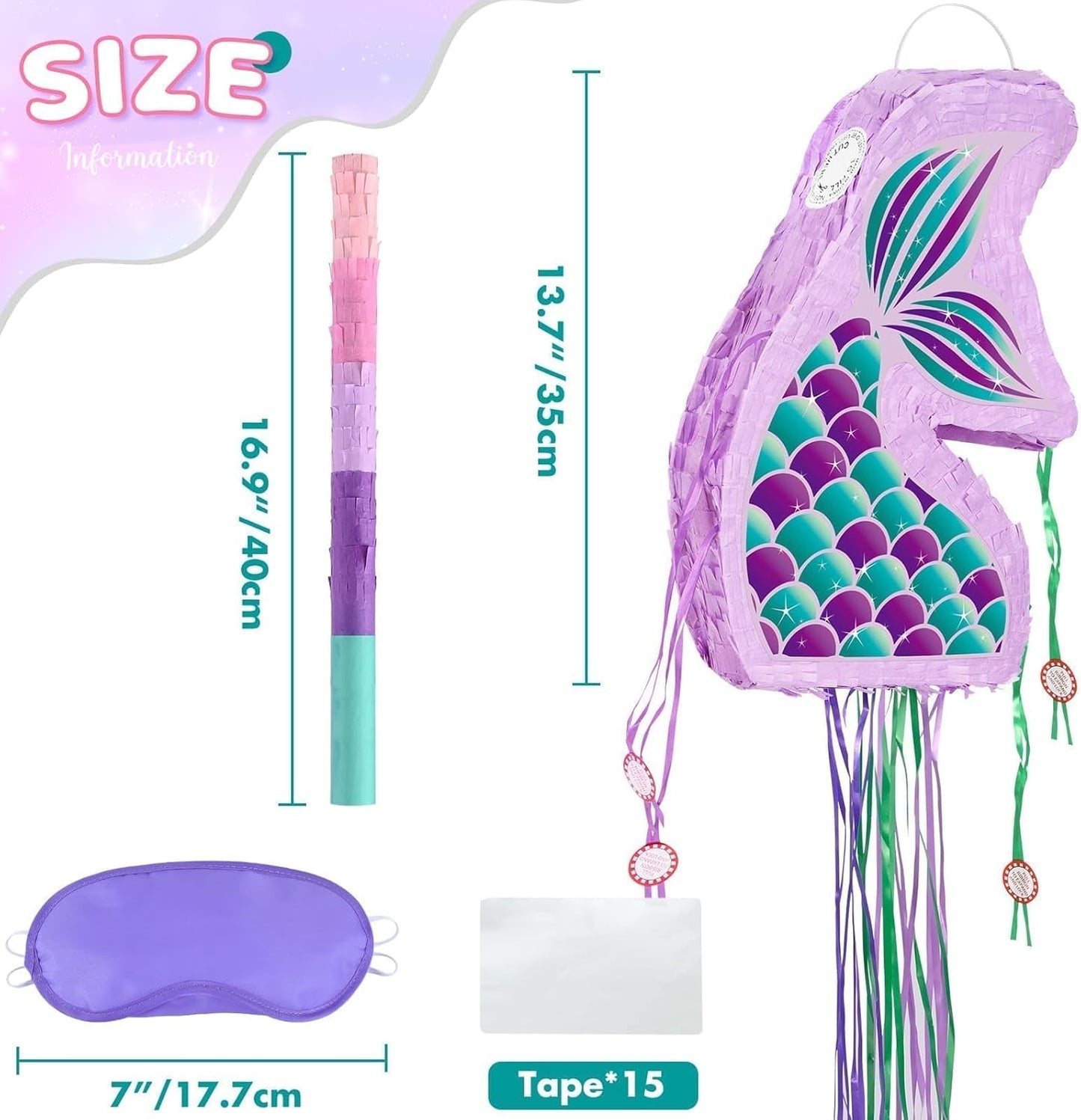 WERNNSAI Foldable Mermaid Piñata - Pull String Mermaid Birthday Party Supplies Mermaid with Blindfold Bat and Tassels Mermaid Party Decoration Games Folding Purple Mermaid Piñatas for Classroom Game