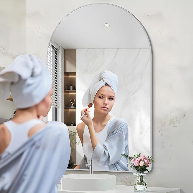 Arched Bathroom Mirror, 30"x48" Silver Arched Mirror for Bathroom, Wall Mounted Mirror, Silver Vanity Wall Mirror w/Metal Frame for Bedroom, Entryway, Living Room, Hanging or Leaning Against