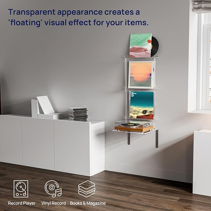 HMYHUM Wall Mounted Acrylic Record Player Stand, Clear Floating Record Player Table with Vinyl Storage, Modern, 15.6" L x 11.6" W x 40.2" H