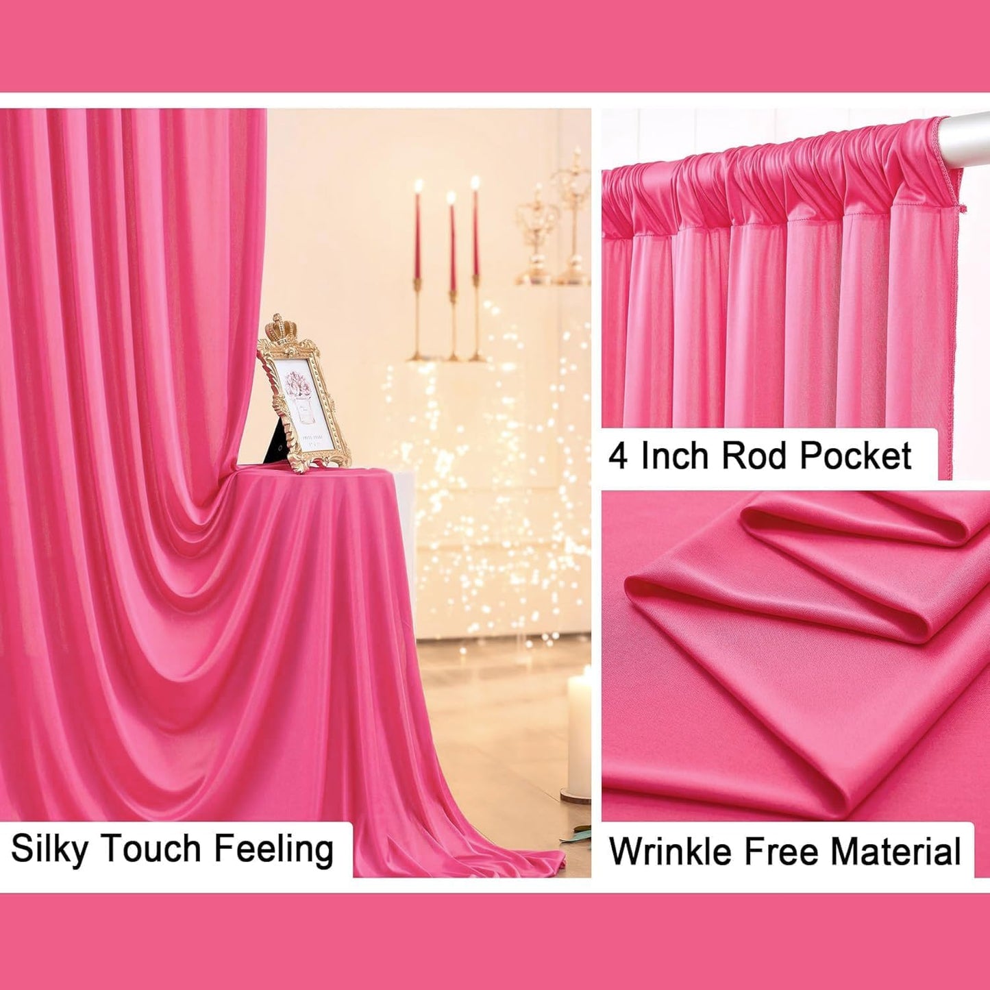 50 ft x 10 ft Wrinkle Free Fuchsia Backdrop Curtain for Parties, 10Panels Polyester Hot Pink Photo Backdrop Drapes for Wedding Birthday Party Baby Shower