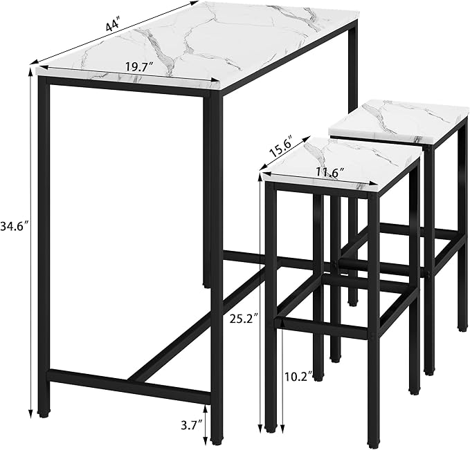 Aklaus Bar Table Set,44" White Faux Marble Top Bar Table and Chairs Set,Counter Height Bar Table with 2 Bar Stools,3 Piece Kitchen Breakfast Table for Living Room Dining Room Apartment