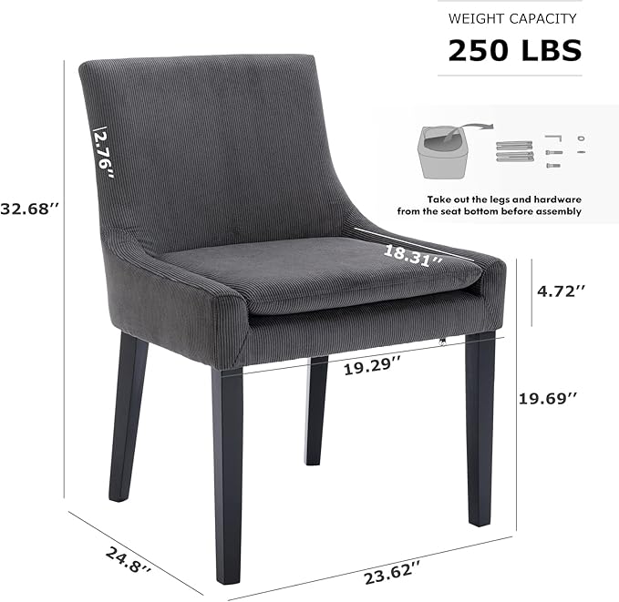 COLAMY Modern Dining Chairs Set of 4, Upholstered Corduroy Accent Side Leisure Chairs with Mid Back and Wood Legs for Living Room/Dining Room-Grey
