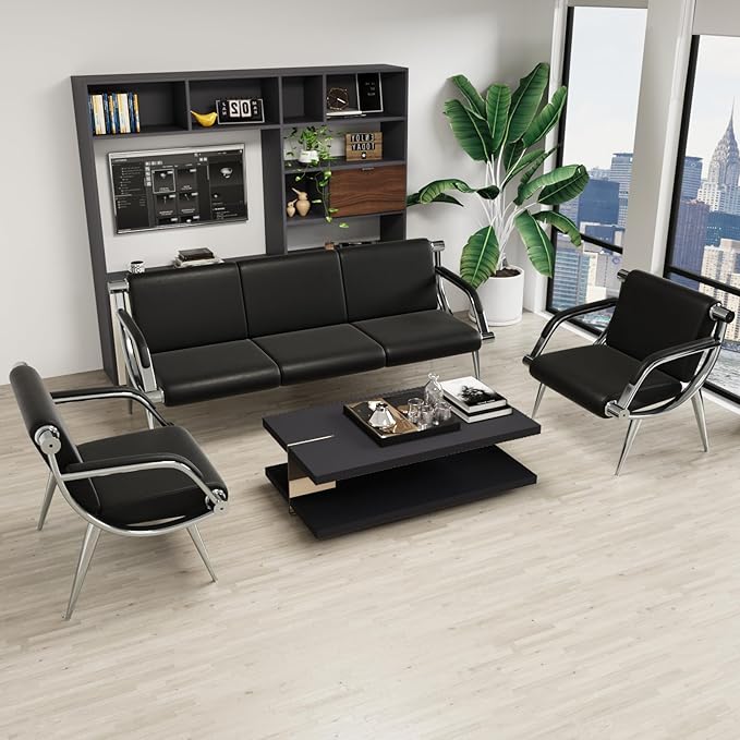 wonline 5 Seat Waiting Room Chair with Armrest PU Leather Office Furniture, Office Guest Seating Lobby Conference Reception Chairs for Airport Clinic Hospital Bank Salon Barber(Black)