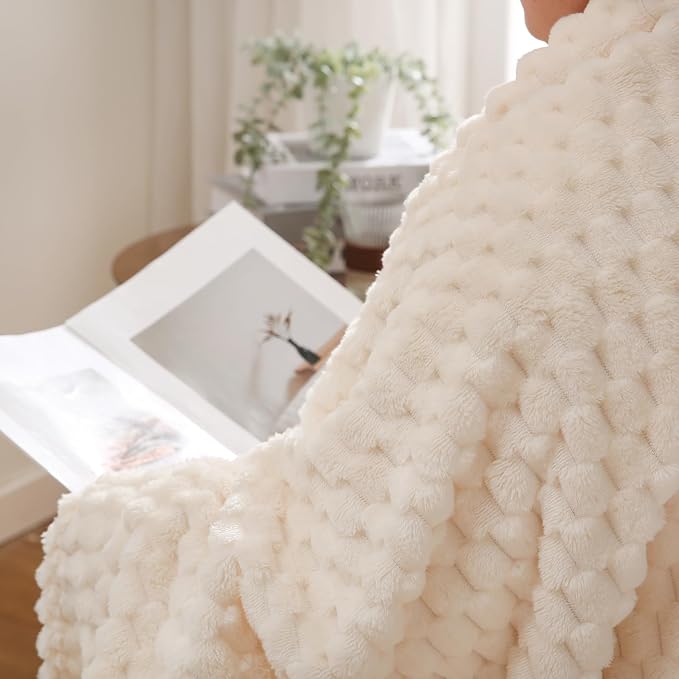 Cream White Throw Blanket 50"×60" inches Fuzzy 3D Jacquard Decorative Flannel - Image 6