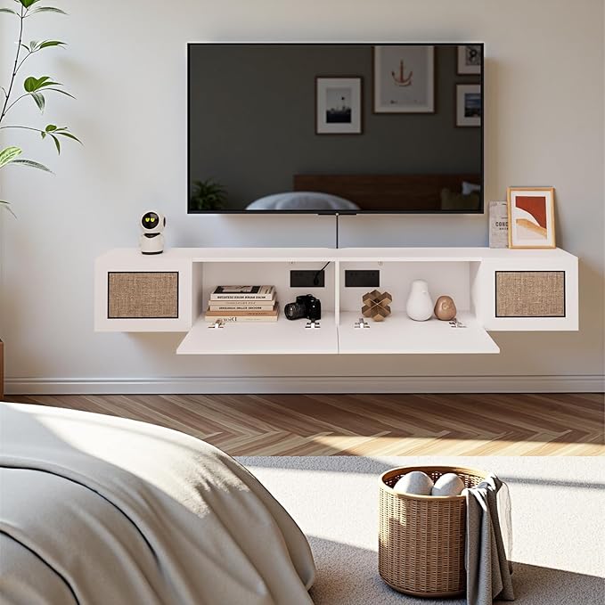 Pmnianhua Boho Floating TV Stand 94", Modern Wall Mounted Media Console with Cotton-Rayon Doors for Under TV Shelf,Entertainment Center,Living Room,Bedroom(White)
