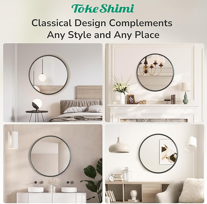 TokeShimi 16 in Round Black Bathroom Mirror Framed, Modern Circle Wall Mirror Farmhouse Aluminum, 16 x 16 Shatterproof Round Bathroom Vanity Mirrored for Restroom, Bedroom, Entryway, Living Room