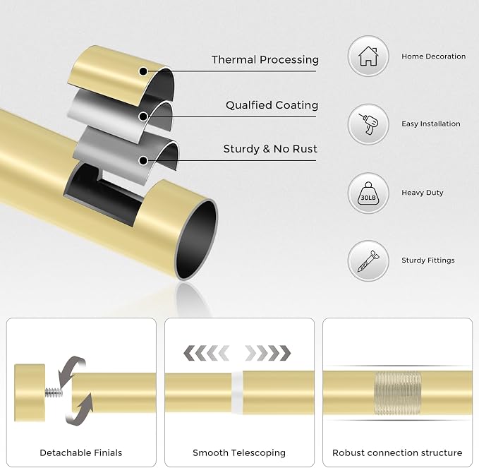 VOIIY Gold Curtain Rods for Windows, Size:36-88 Inch - Image 7