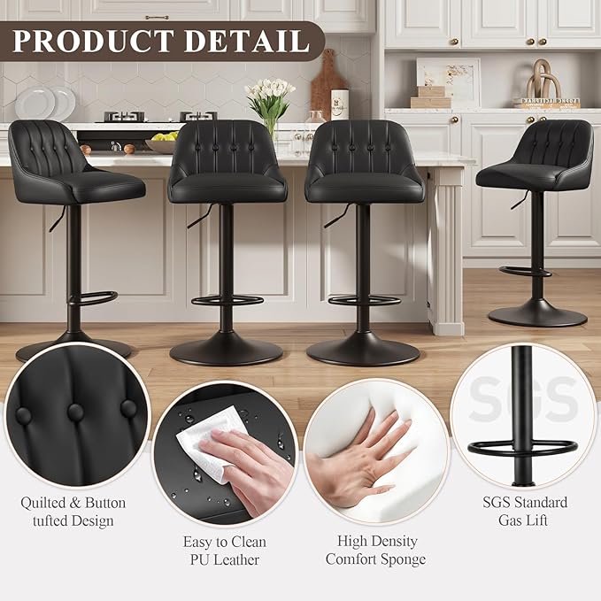 Bar Stools Set of 4, Swivel Bar Chairs, Modern Adjustable PU Leather Upholstered Barstools Counter Height with Tufted Back for Bar, Kitchen Counter Island, Dining Room, Black