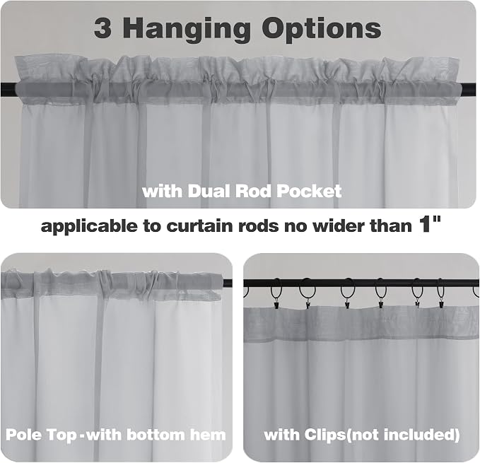 Chyhomenyc Light Grey Sheer Curtains 54 Inch Long 2 Panels, Light Filtering Rod - Image 3