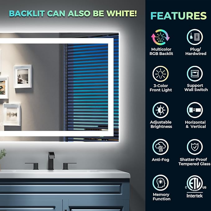 48x36 Inch RGB LED Bathroom Mirror Front Light and RGB Backlit Lighted Vanity Mirror for Bathroom Wall Mounted Dimmable Anti Fog Memory Shatter-Proof IP54 Waterproof Horizontal/Vertical