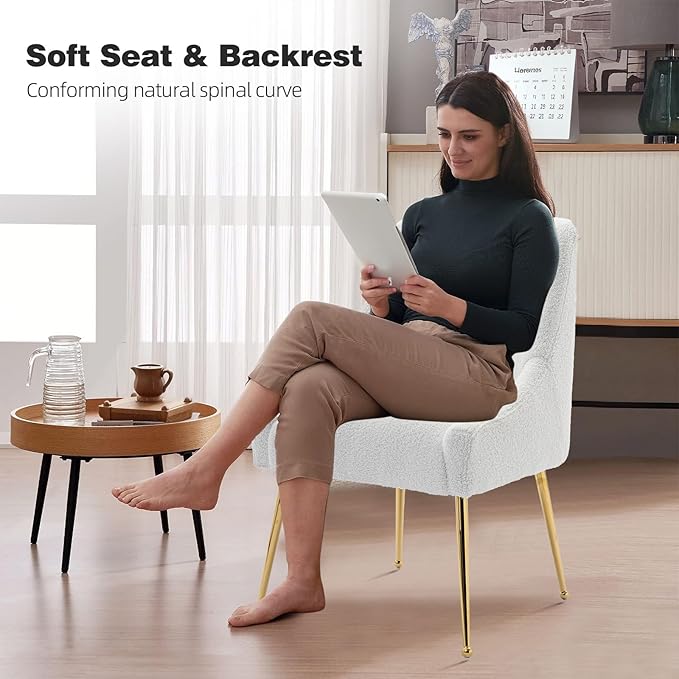 Dining Chairs Medieval Modern Restaurant Chairs, Soft Cushions, Teddy Velvet, Polished Gold Metal Legs, Kitchen Chairs, Living Room White 2-Piece Set