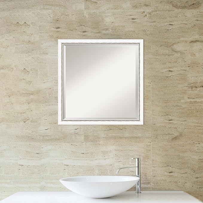 Amanti Art White Bathroom Mirror for Over Sink, 22x22 Morgan White Silver Square Vanity Mirror, Medium Modern Contemporary Wood Frame, Hangs Horizonally and Vertically, Bathroom Wall Decor, Beveled