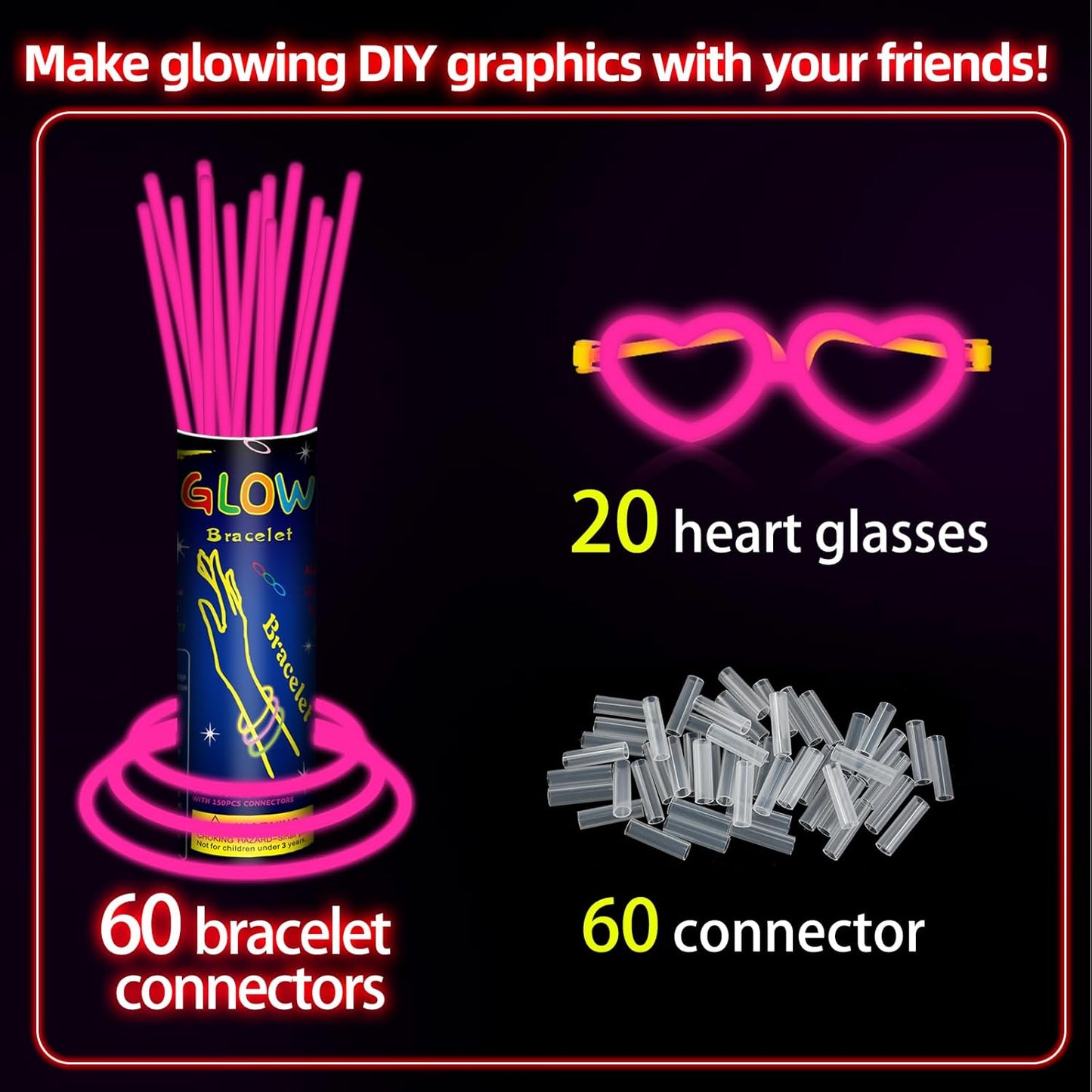 60 Pack 8” Pink Glow Sticks Bulk Bright Glow Sticks with 60 Connectors 20 Heart Glasses Glow In The Dark Party Supplies Neon Party Decorations Glow Bracelet Glasses for Holiday Carnival (Pink)