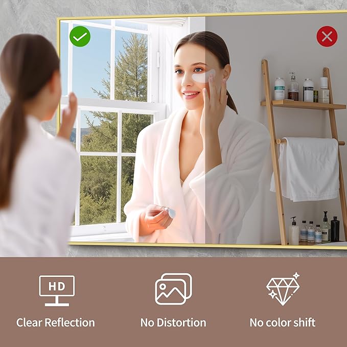 YIROMAN Bathroom Mirror 48"x24", Large Brushed Gold Bathroom Mirror for Over Sink with Aluminum Frame, Rectangular Vanity Mirror with Right Angle, Wall Mirror Hangs Horizontal or Vertical