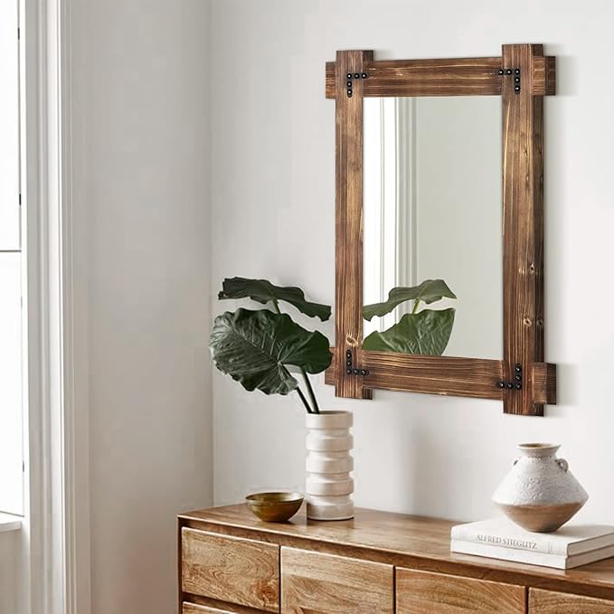 MeMoreCool Rustic Wood Mirror for Bathroom, Decorative Framed Farmhouse Vanity Mirror, Wall Mounted Rectangular Mirror for Bedroom or Living Room, Small 20x30 Inch