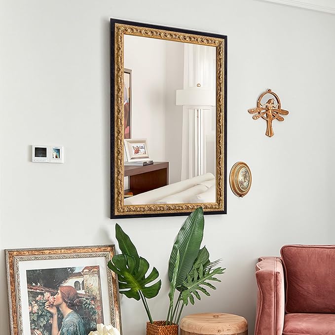 Vintage Gold Mirror 36”x24”, Black Decorative Mirror for Vanity with Gold Foil Carvings Solid Wooden Frame, Antique Handmade Aging, for Luxe Living Room, Entryway, Bathroom and Bedroom