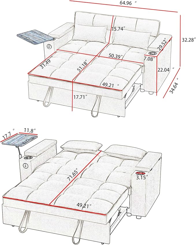 3 in 1 Queen Loveseat Convertible Sofabed Modern Living Room Multifunctional Sleeper Sofa Convertible Spacious Sofa Bed W/Pull Out Sleeper Couch Bed Armrests Storage,Cupholders,USB Ports ,Side Table